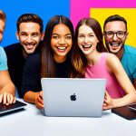 **

Interactive marketing campaign: A diverse group of people enthusiastically participating in a branded online game, smiling and engaged with their phones and laptops. Bright colors, playful interface elements, and a sense of fun.

**
