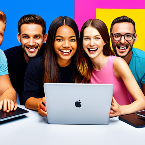 Home 6 **
Interactive marketing campaign: A diverse group of people enthusiastically participating in a branded online game, smiling and engaged with their phones and laptops. Bright colors, playful interface elements, and a sense of fun.
**