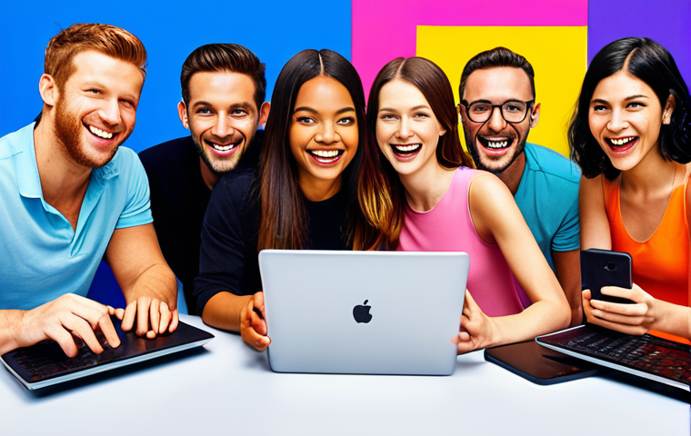 **

Interactive marketing campaign: A diverse group of people enthusiastically participating in a branded online game, smiling and engaged with their phones and laptops. Bright colors, playful interface elements, and a sense of fun.

**