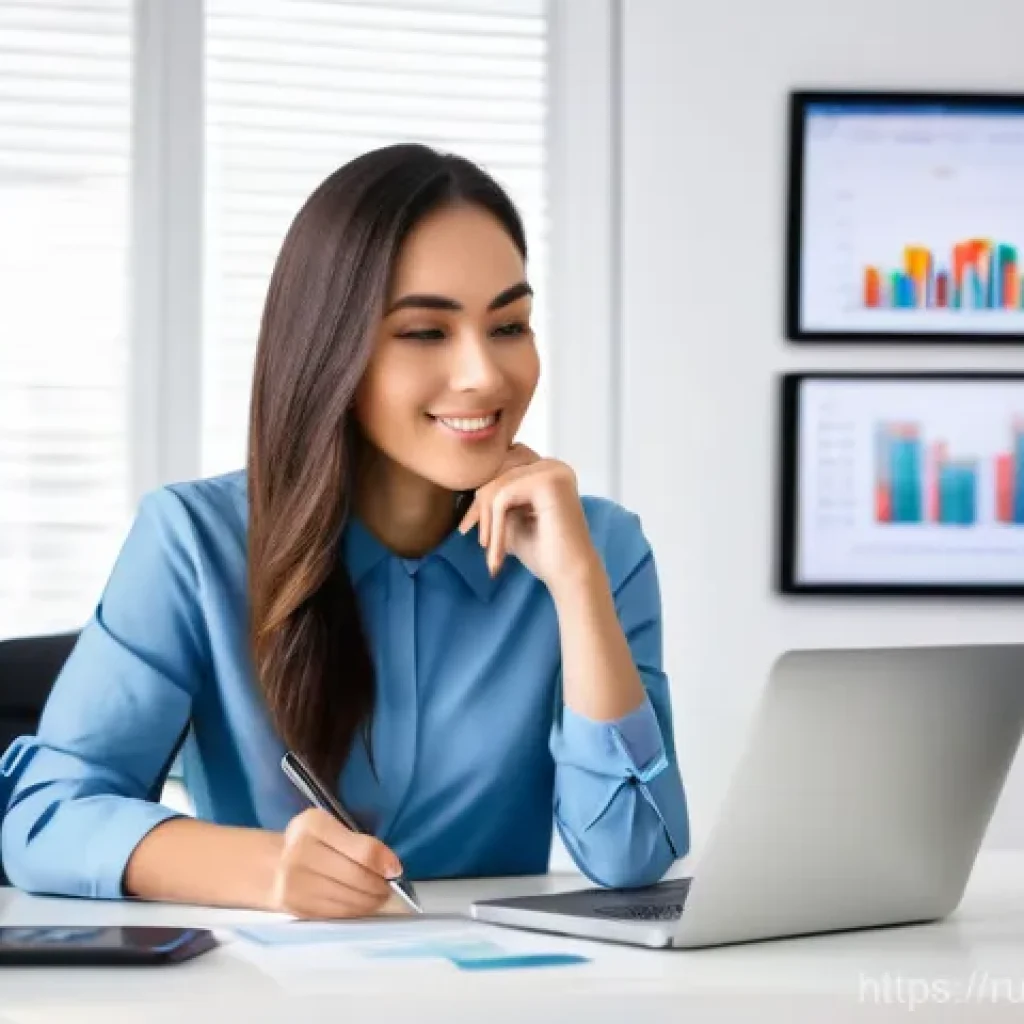 브랜드 마케팅 성과 측정 방법 - A young female digital marketer, dressed in a stylish yet modest business-casual outfit (e.g., a wel...