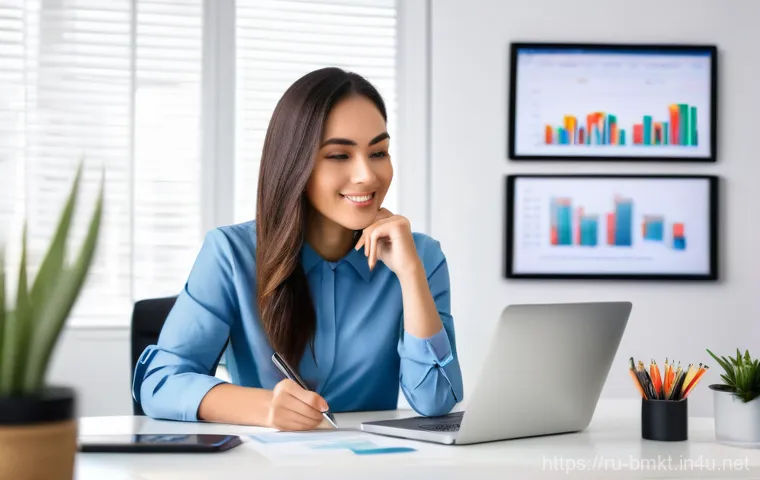 브랜드 마케팅 성과 측정 방법 - A young female digital marketer, dressed in a stylish yet modest business-casual outfit (e.g., a wel...