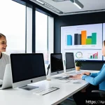 브랜드 마케터가 알아야 할 핵심 KPI - A modern office environment with a diverse team of young Russian marketing professionals analyzing d...