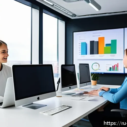 브랜드 마케터가 알아야 할 핵심 KPI - A modern office environment with a diverse team of young Russian marketing professionals analyzing d...