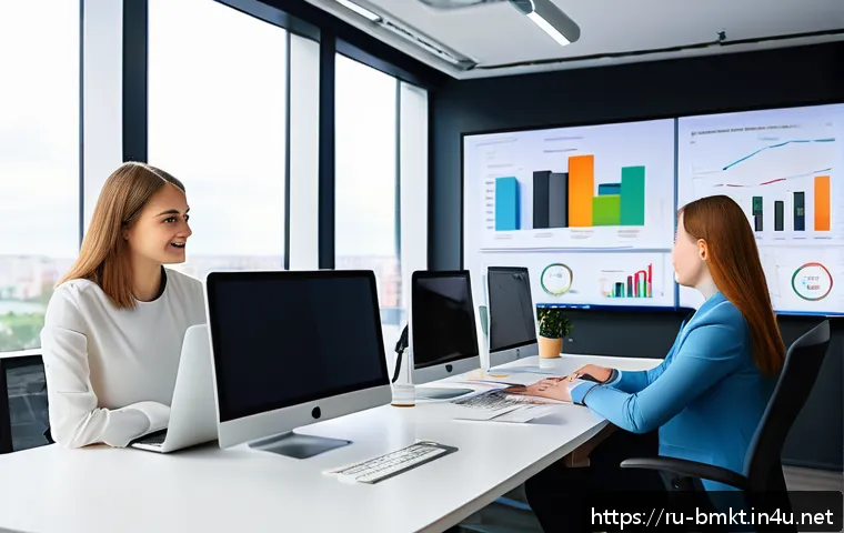 브랜드 마케터가 알아야 할 핵심 KPI - A modern office environment with a diverse team of young Russian marketing professionals analyzing d...