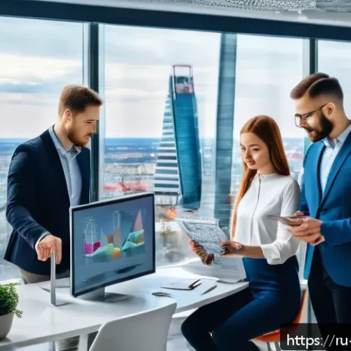 브랜드 마케팅과 마케팅 오토메이션 사례 - A modern Russian office scene showing a diverse marketing team collaborating around a large digital ...