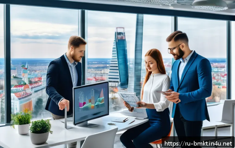 브랜드 마케팅과 마케팅 오토메이션 사례 - A modern Russian office scene showing a diverse marketing team collaborating around a large digital ...