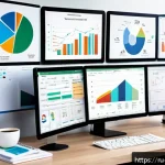 브랜드 마케팅 데이터 분석 기초 - A professional marketing analyst workspace scene featuring multiple screens displaying colorful data...