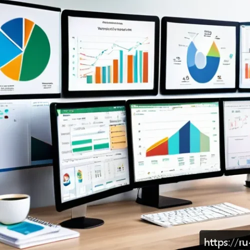 브랜드 마케팅 데이터 분석 기초 - A professional marketing analyst workspace scene featuring multiple screens displaying colorful data...