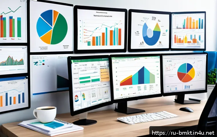 브랜드 마케팅 데이터 분석 기초 - A professional marketing analyst workspace scene featuring multiple screens displaying colorful data...